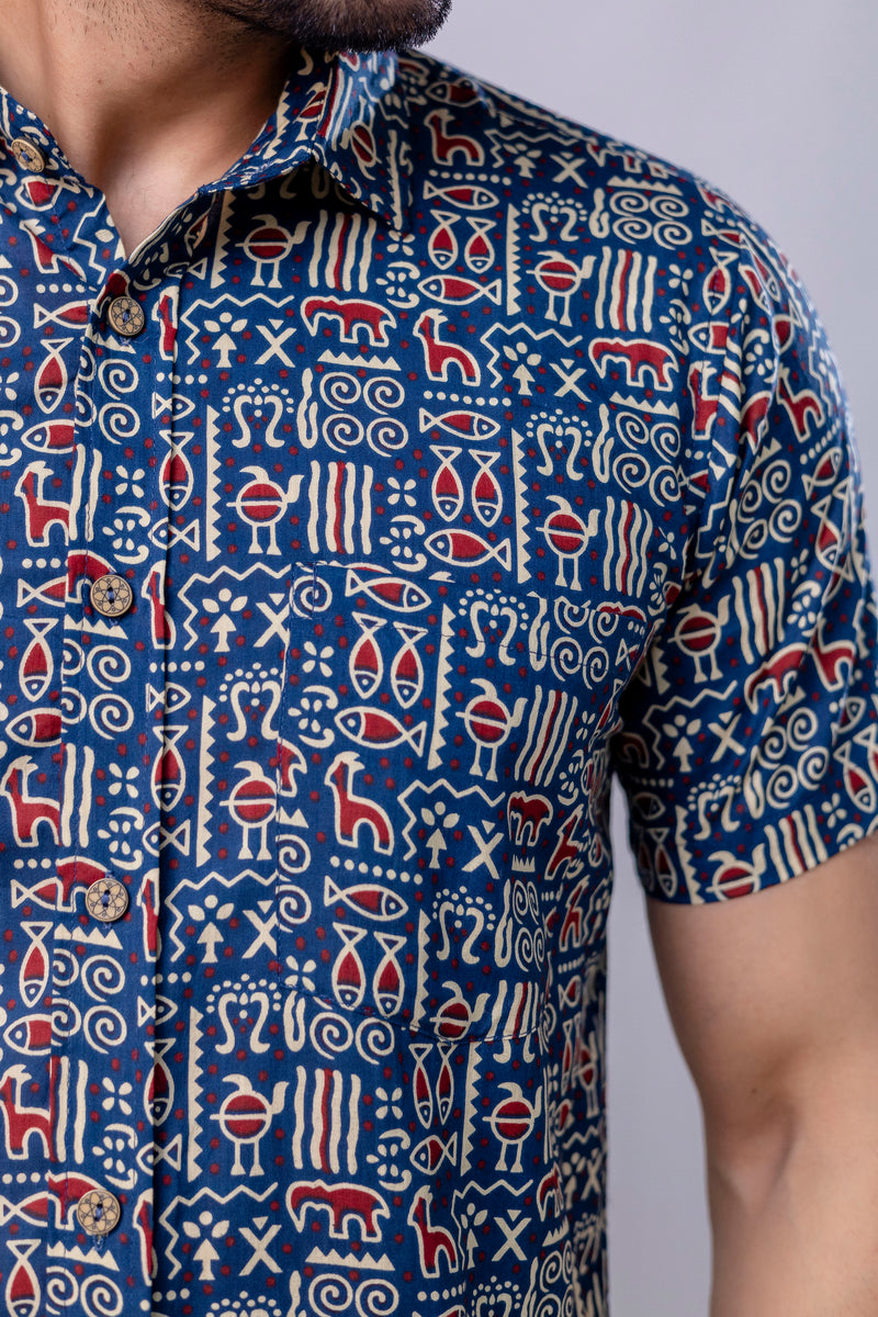 Ocean Blue Printed Cotton Men’s Shirt