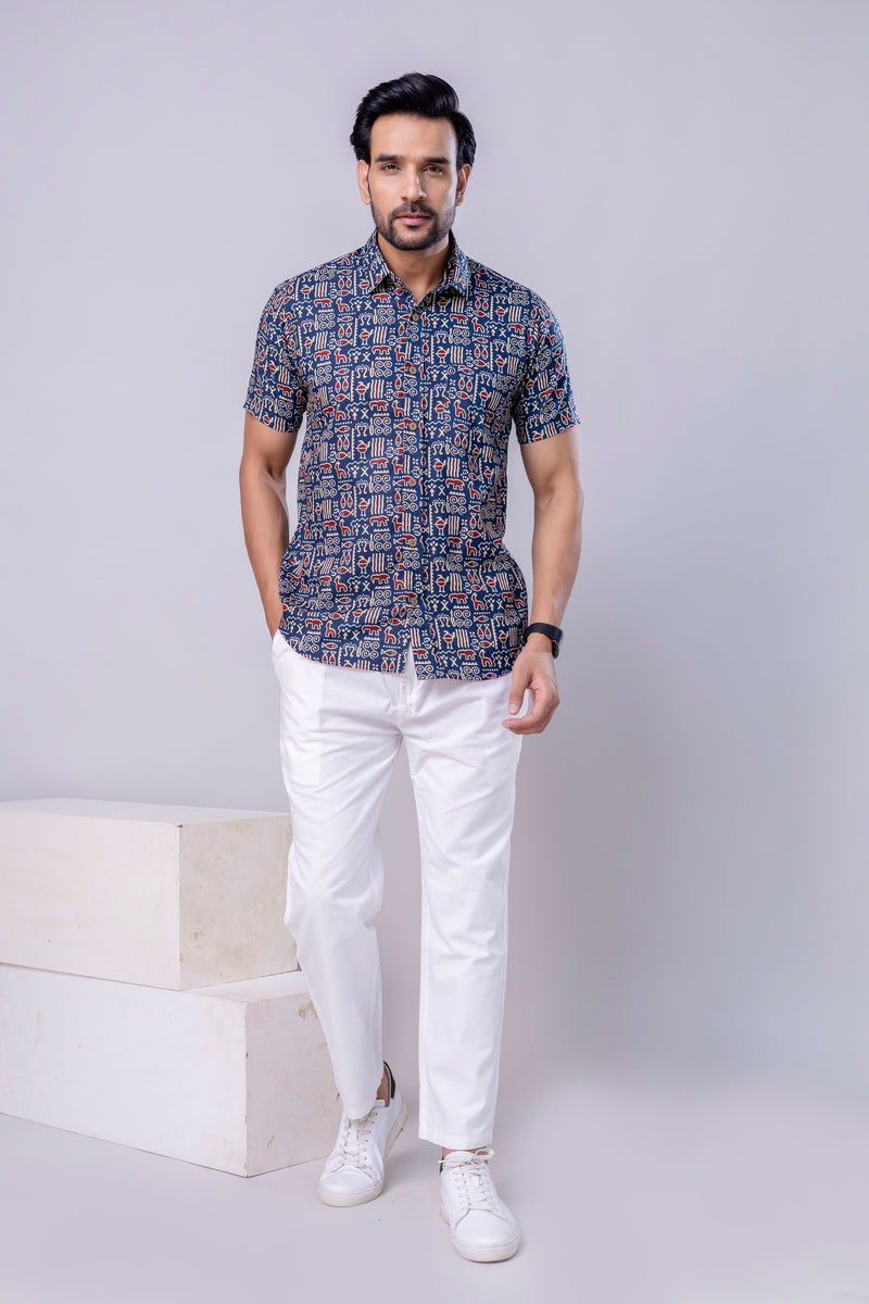Ocean Blue Printed Cotton Men’s Shirt