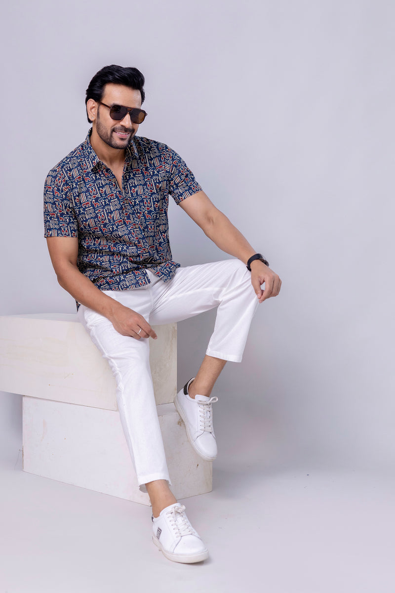 Ocean Blue Printed Cotton Men’s Shirt