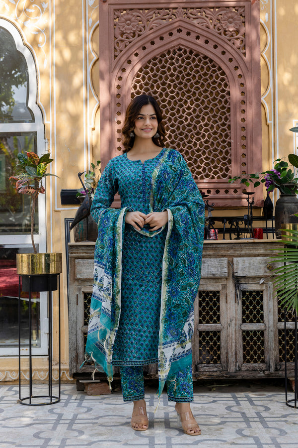 Suhana Green Embroidered Chanderi Handblock Printed Suit Set( plus size)