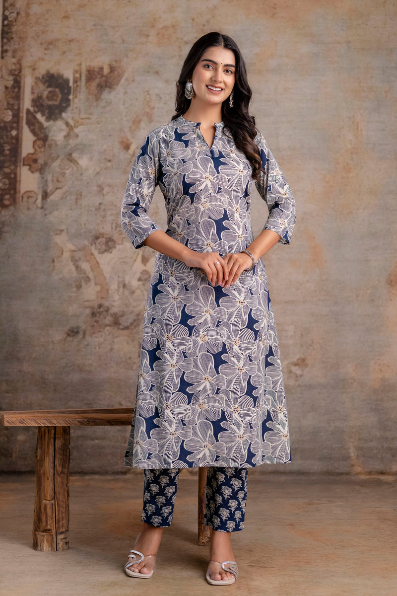 Zohra Blue Bloom Cotton Suit Set