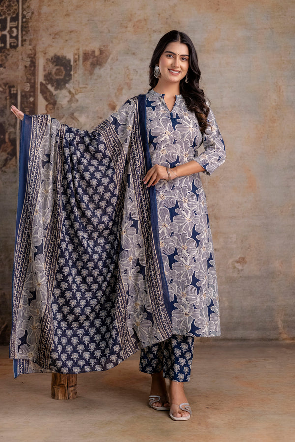 Zohra Blue Bloom Cotton Suit Set