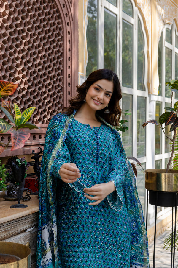 Suhana Green Embroidered Chanderi Handblock Printed Suit Set( plus size)