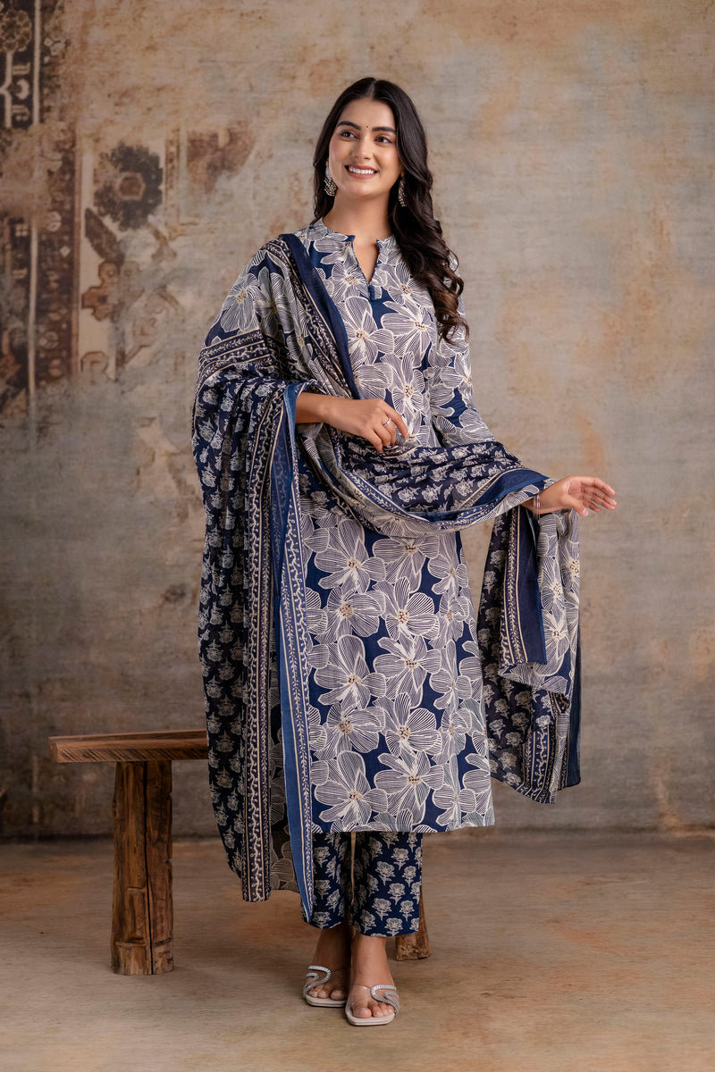 Zohra Blue Bloom Cotton Suit Set
