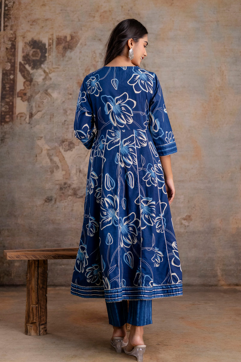 Meera blue embroidered cotton suit set with mul cotton dupatta