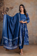 Meera blue embroidered cotton suit set with mul cotton dupatta