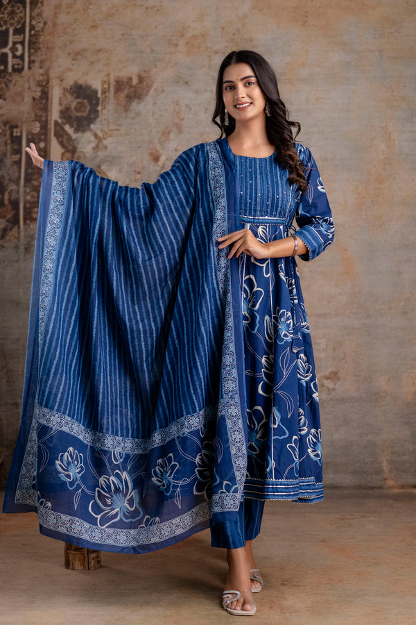 Meera blue embroidered cotton suit set with mul cotton dupatta