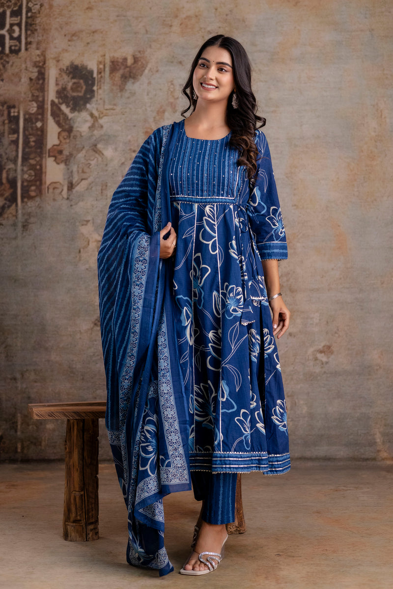 Meera blue embroidered cotton suit set with mul cotton dupatta