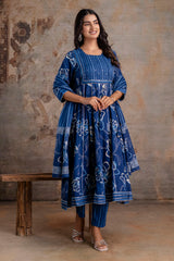 Meera blue embroidered cotton suit set with mul cotton dupatta