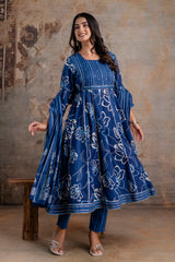 Meera blue embroidered cotton suit set with mul cotton dupatta