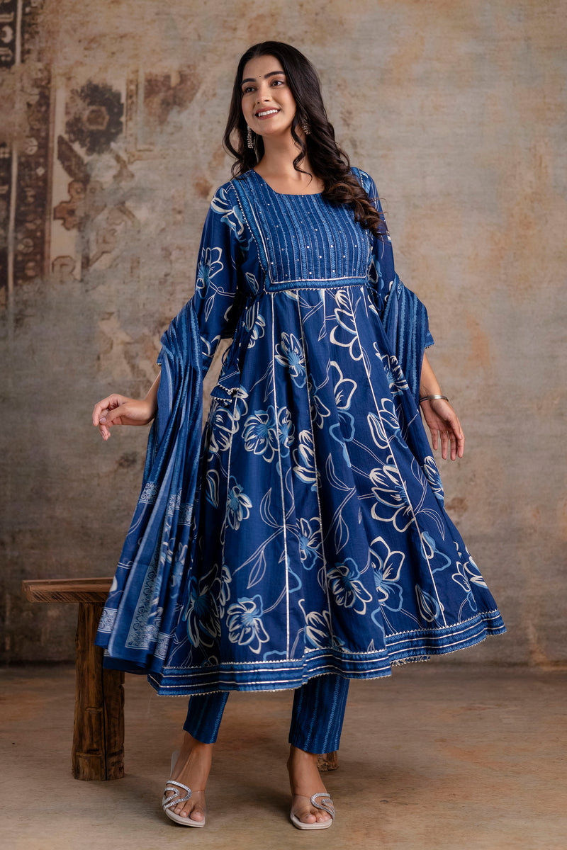 Meera blue embroidered cotton suit set with mul cotton dupatta