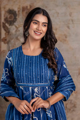 Meera blue embroidered cotton suit set with mul cotton dupatta