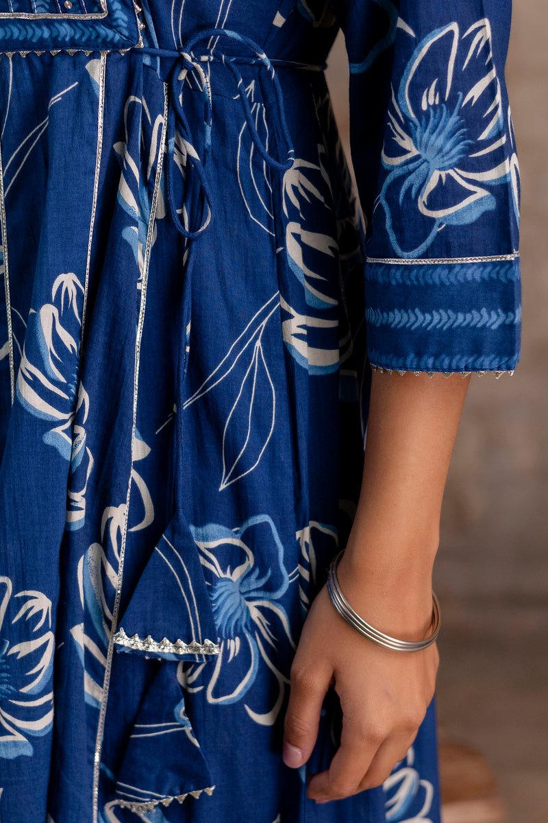 Meera blue embroidered cotton suit set with mul cotton dupatta