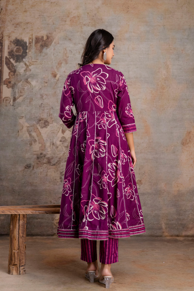 Meera megenta embroidered cotton suit set with mul cotton dupatta