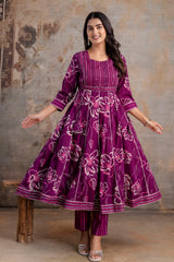 Meera megenta embroidered cotton suit set with mul cotton dupatta
