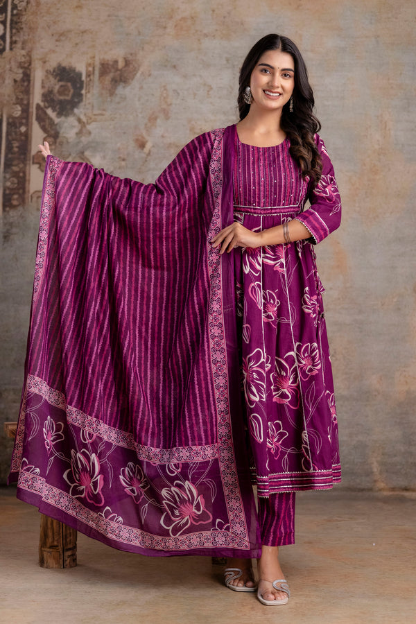 Meera megenta embroidered cotton suit set with mul cotton dupatta