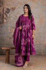 Meera megenta embroidered cotton suit set with mul cotton dupatta