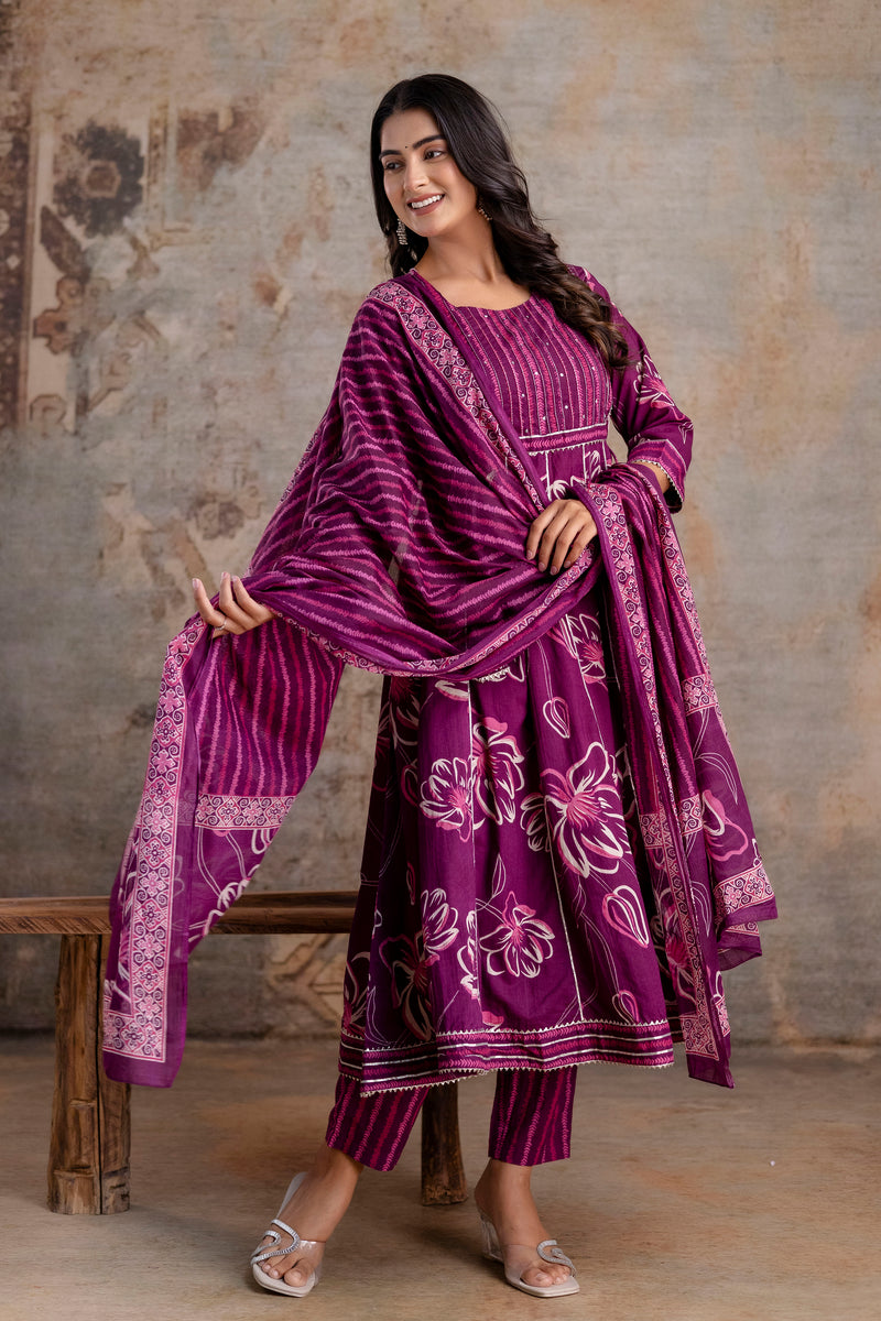 Meera megenta embroidered cotton suit set with mul cotton dupatta