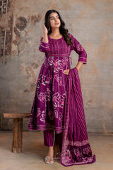 Meera megenta embroidered cotton suit set with mul cotton dupatta