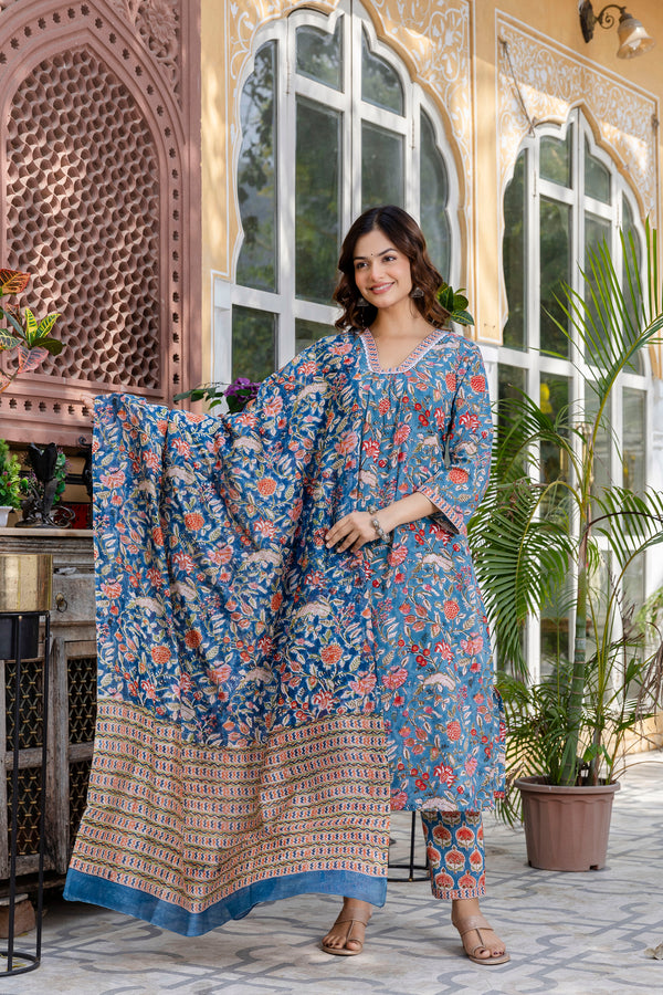 Neel Garden Cotton Handblock Printed Suit Set(Plus Size)