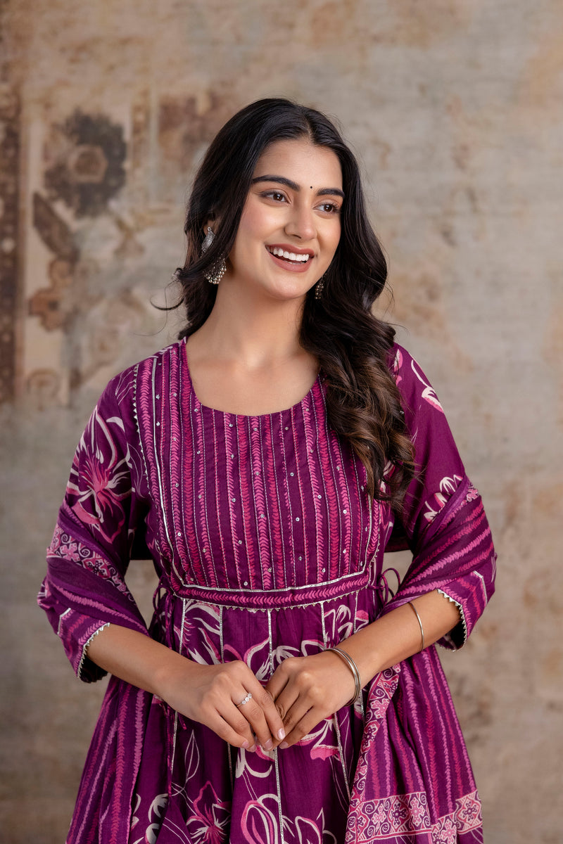 Meera megenta embroidered cotton suit set with mul cotton dupatta