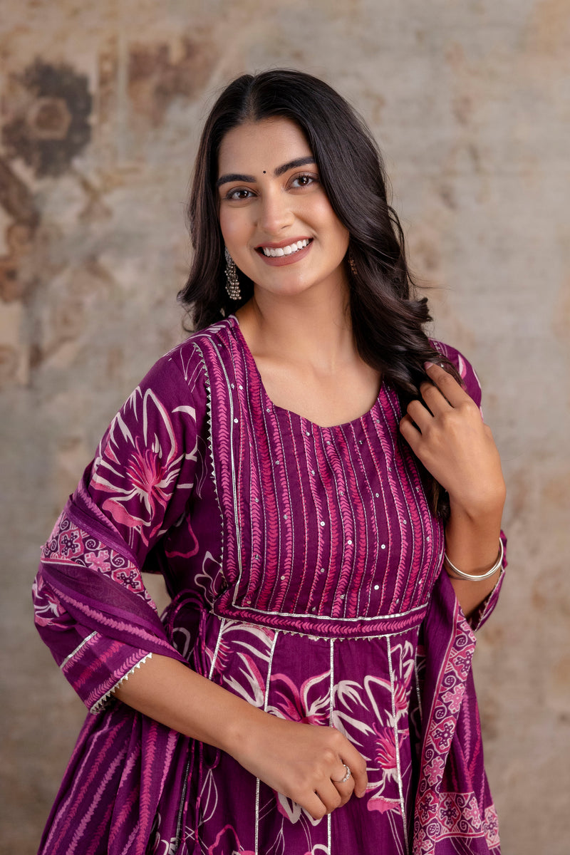 Meera megenta embroidered cotton suit set with mul cotton dupatta