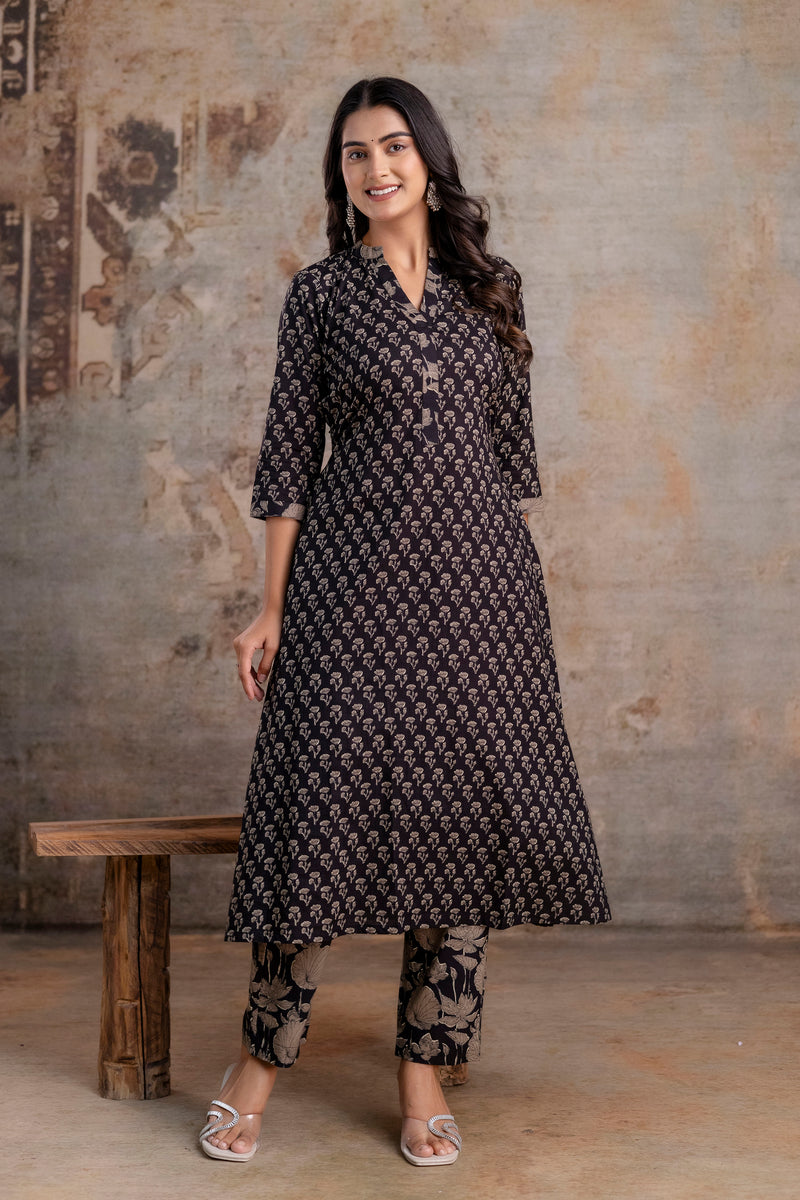 Merry black cotton suit set with mul cotton dupatta