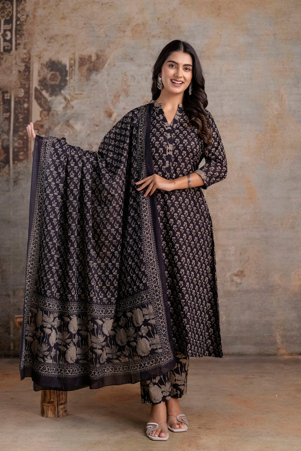 Merry black cotton suit set with mul cotton dupatta