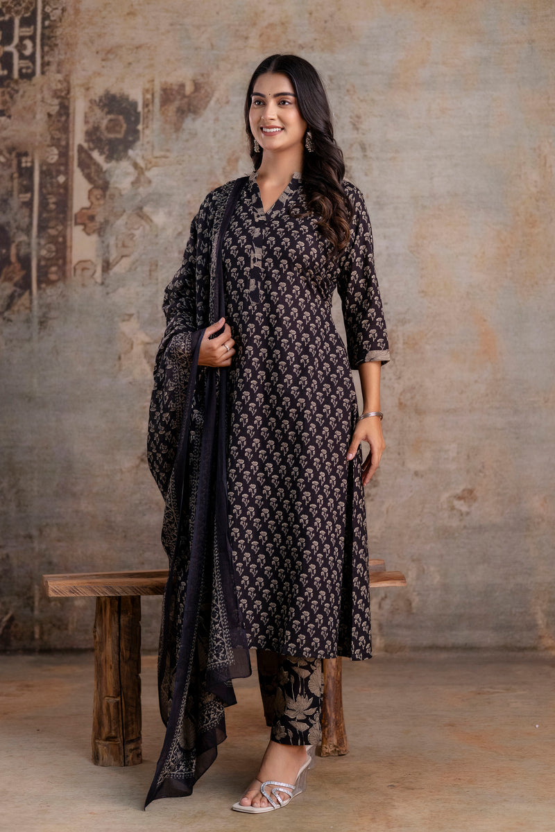 Merry black cotton suit set with mul cotton dupatta