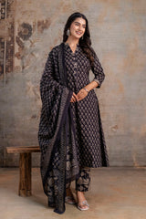 Merry black cotton suit set with mul cotton dupatta