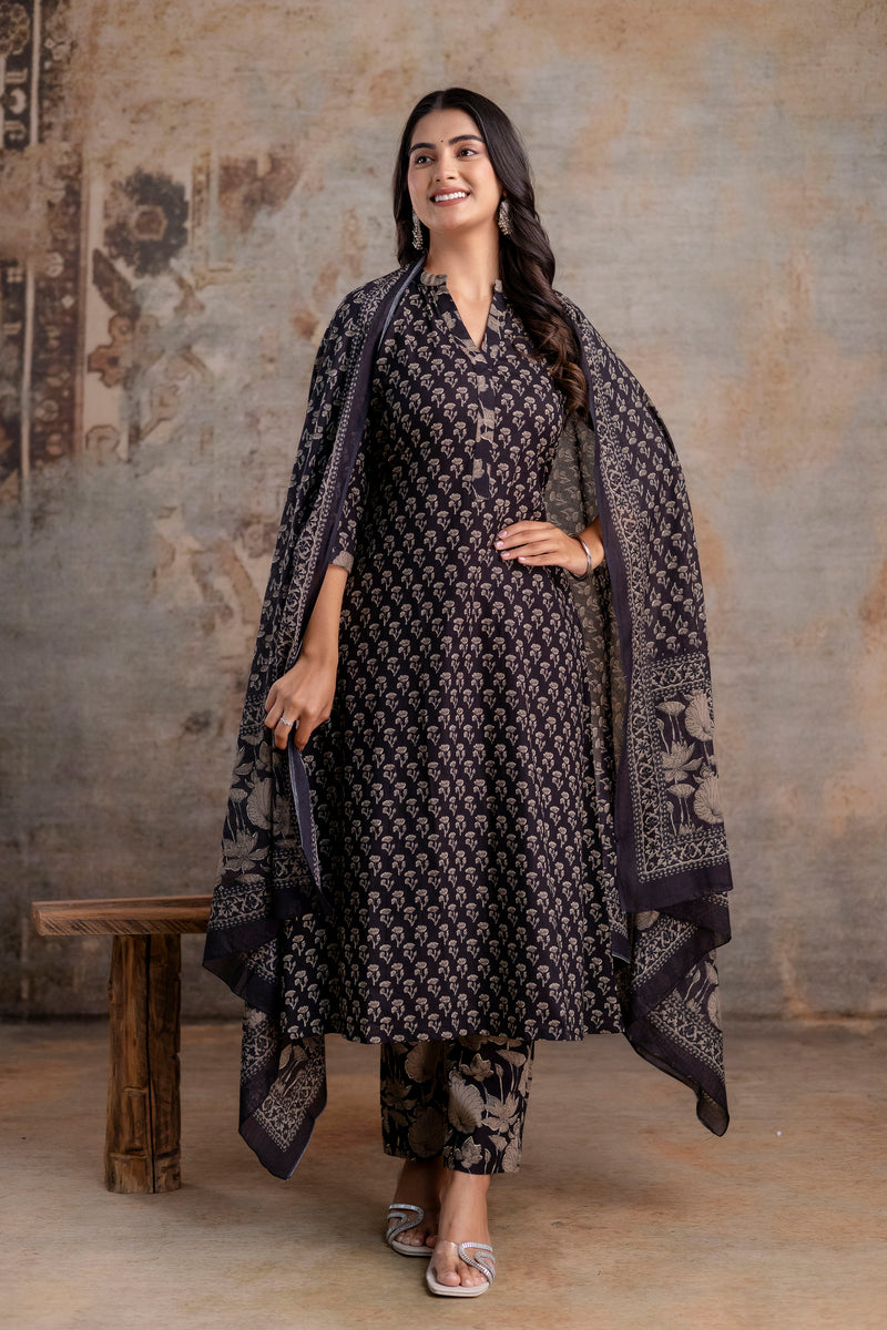 Merry black cotton suit set with mul cotton dupatta
