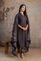 Merry black cotton suit set with mul cotton dupatta