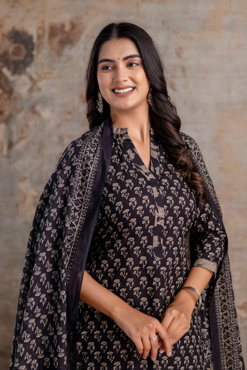 Merry black cotton suit set with mul cotton dupatta