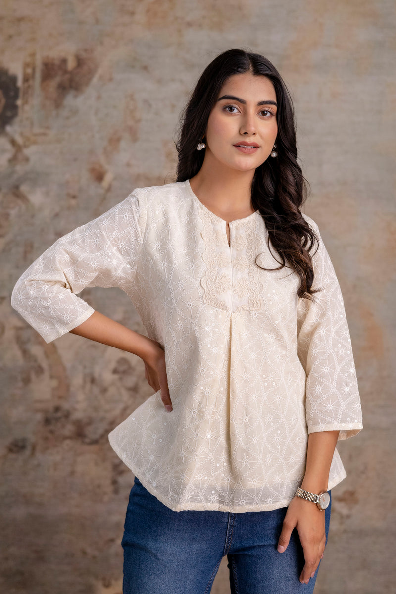 Moon white embroidered short kurta top