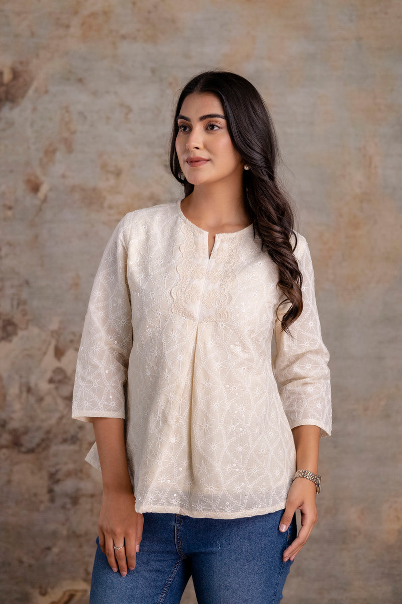 Moon white embroidered short kurta top
