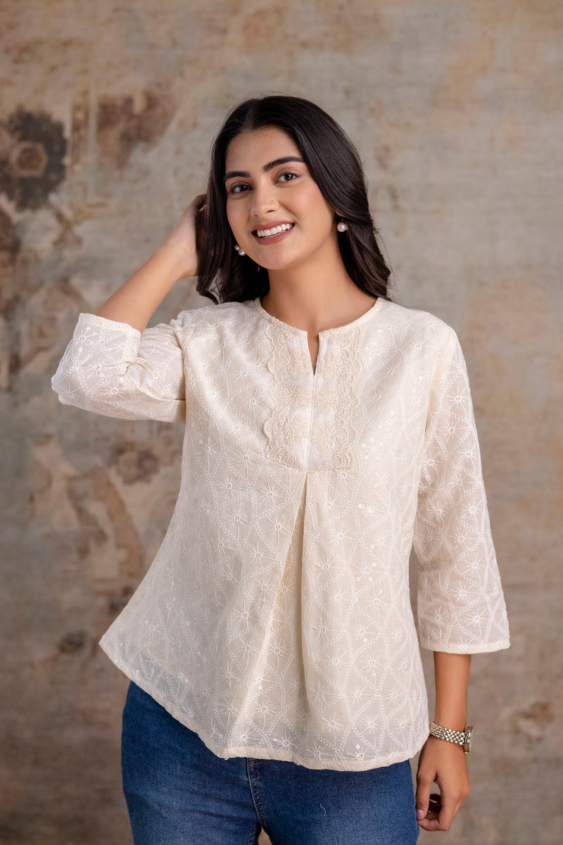 Moon white embroidered short kurta top