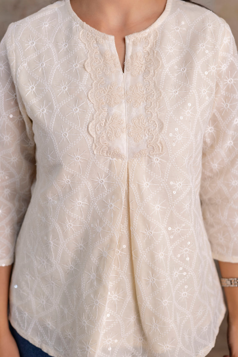 Moon white embroidered short kurta top