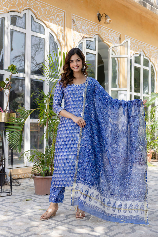 Rose Blue Embroidered Chanderi Handblock Printed Suit Set (Plus Size)