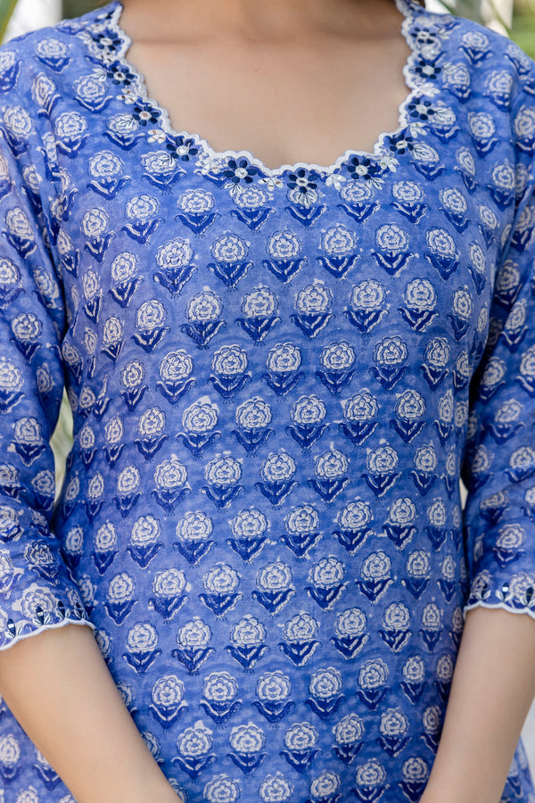 Rose Blue Embroidered Chanderi Handblock Printed Suit Set (Plus Size)