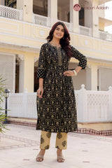 • Graceful Olive Black Traditional Print Suit Set with Mul Cotton Dupatta