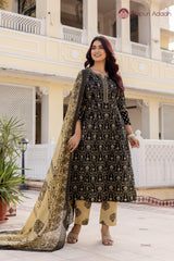 • Graceful Olive Black Traditional Print Suit Set with Mul Cotton Dupatta