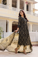 • Graceful Olive Black Traditional Print Suit Set with Mul Cotton Dupatta