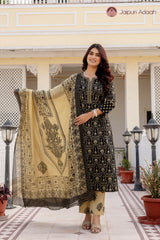 • Graceful Olive Black Traditional Print Suit Set with Mul Cotton Dupatta