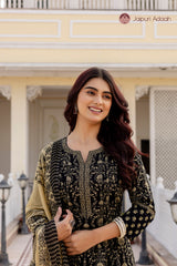 • Graceful Olive Black Traditional Print Suit Set with Mul Cotton Dupatta