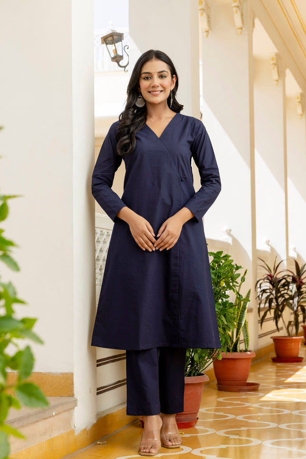 Nazaakat blue solid angrakha style cotton co-ord set