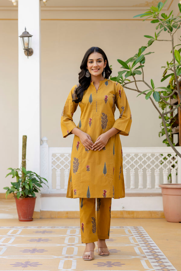 Meadow mustard handblock printed cotton co- ord set