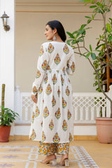 Basanti phool yellow handblock printed anarkali cotton suit set with kota doria dupatta