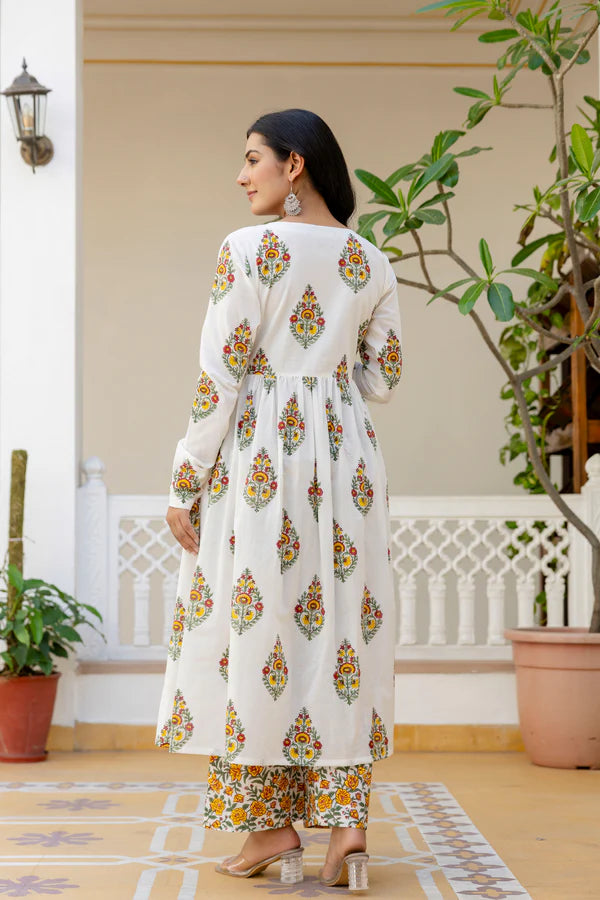 Basanti phool yellow handblock printed anarkali cotton suit set with kota doria dupatta(Plus Size)