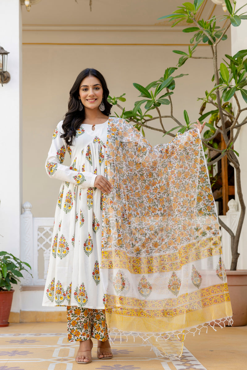 Basanti phool yellow handblock printed anarkali cotton suit set with kota doria dupatta