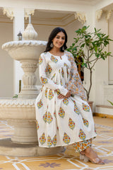 Basanti phool yellow handblock printed anarkali cotton suit set with kota doria dupatta